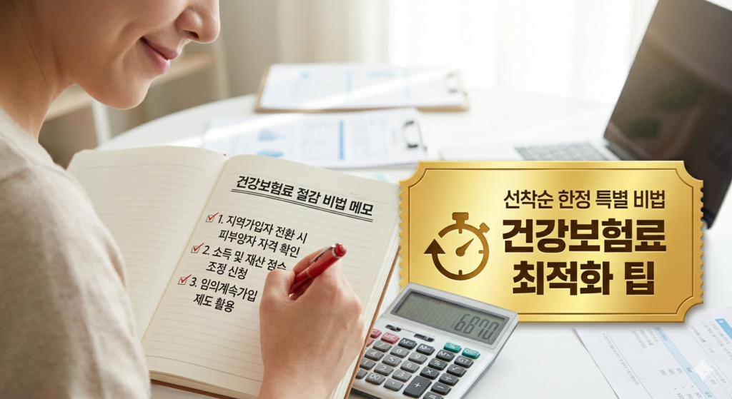 2. 건강보험료 절감 팁을 메모하고 있는 손과 계산기 이미지. 선착순으로 제공되는 특별 비법을 상징하는 시각 자료