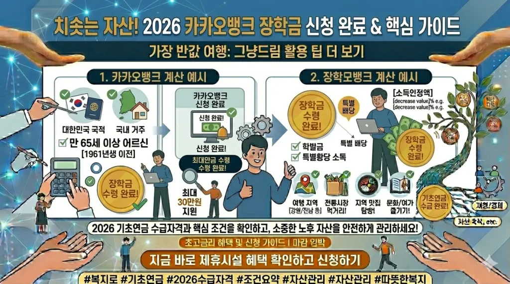2026 카카오뱅크 장학금 신청 가이드라인을 보여주는 노트북 화면 이미지.