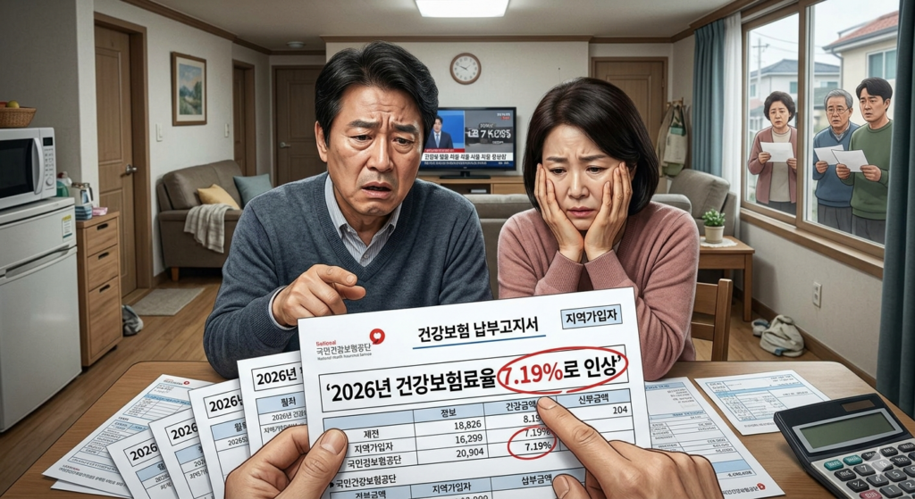 2026년 건강보험률 7.19% 인상 고지서 이미지. 불안해 하는 지역가입자들의 모습