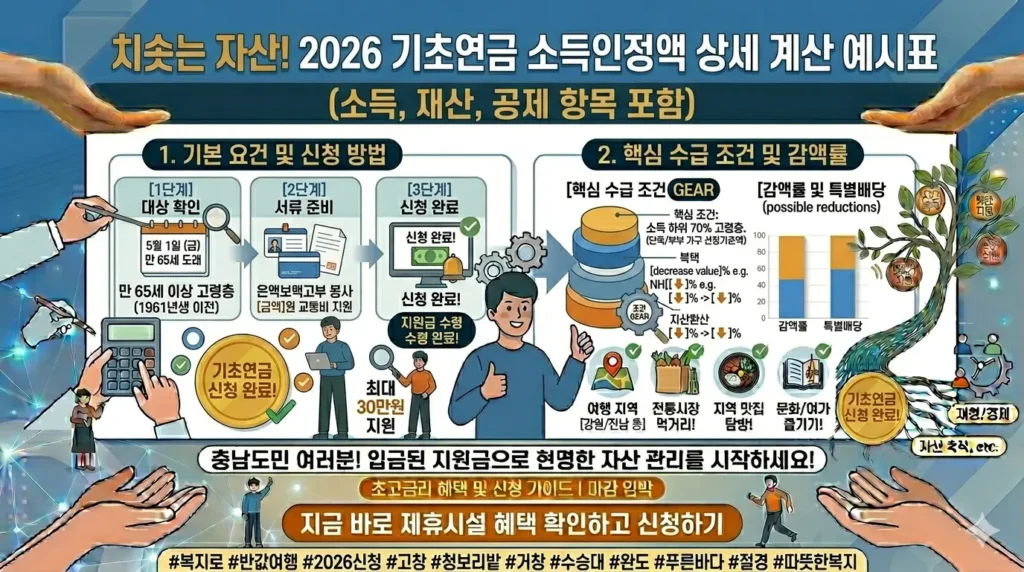 2026년 기초연금 소득인정액 계산 예시표 (소득, 재산, 공제 항목 포함)