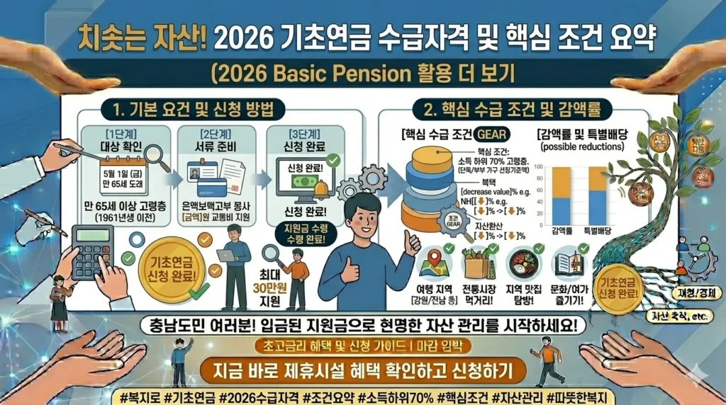 2026년 기초연금 수급자격 기준 (소득 하위 70% 고령층) 및 핵심 조건 요약 인포그래픽