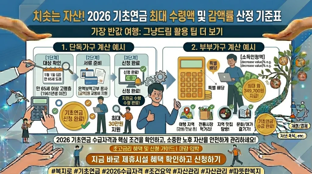 2026년 기초연금 최대 수령액 및 감액률 산정 기준표