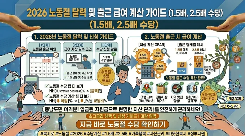 2026년 노동절 달력과 1.5배, 2.5배 수당을 표시하는 계산기 이미지.