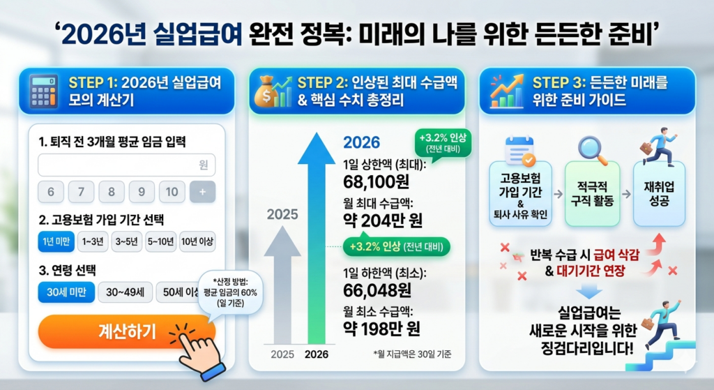 온라인 2026년 실업급여 계산기 사용 화면, 예상 수급액 입력 예시
