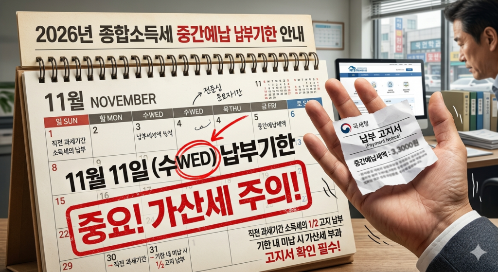 2026년 종합소득세 중간예납 납부기한을 달력에 표시하여 중요성을 강조한 이미지