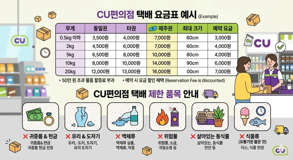 CU편의점 택배 예약 요금표 예시 또는 제한 품목 안내
