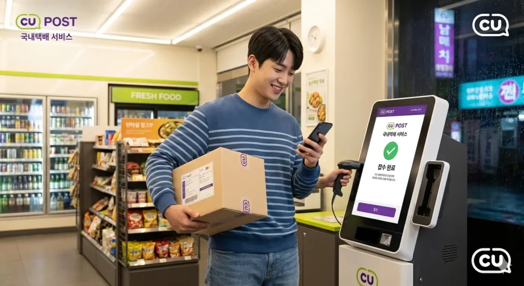 CU편의점 택배를 이용하면서 좋아하는 청년의 모습