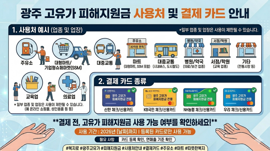광주 고유가 피해지원금 사용처 예시(주유소, 마트 등) 와 결제 카드를 보여주는 이미지