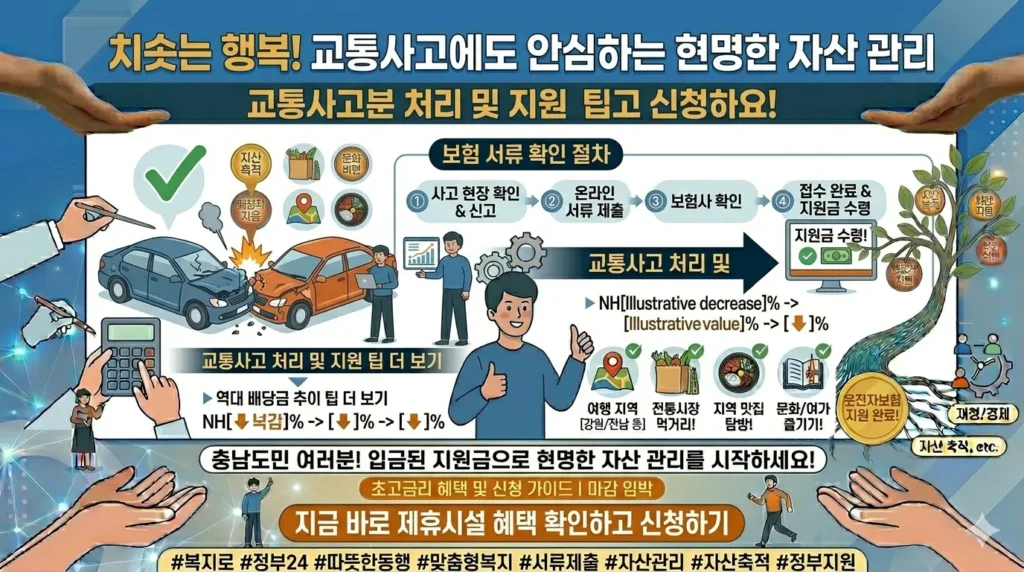 교통사고 현장에서 침착하게 보험 서류를 확인하는 운전자와 경찰,