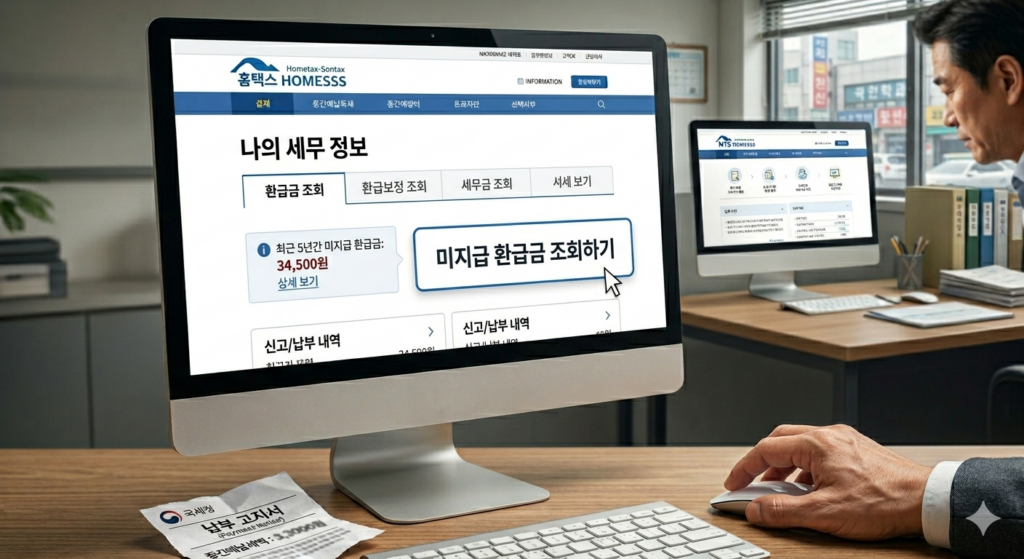 2026년 국세청 홈택스/손택스 앱을 통해 종합소득세 환급금 조회하는 화면. 'My NTS' 메뉴와 '환급' 버튼이 명확하게 보인다. 간편 인증 후 나의 환급 예상액과 지급일정을 확인할 수 있다.