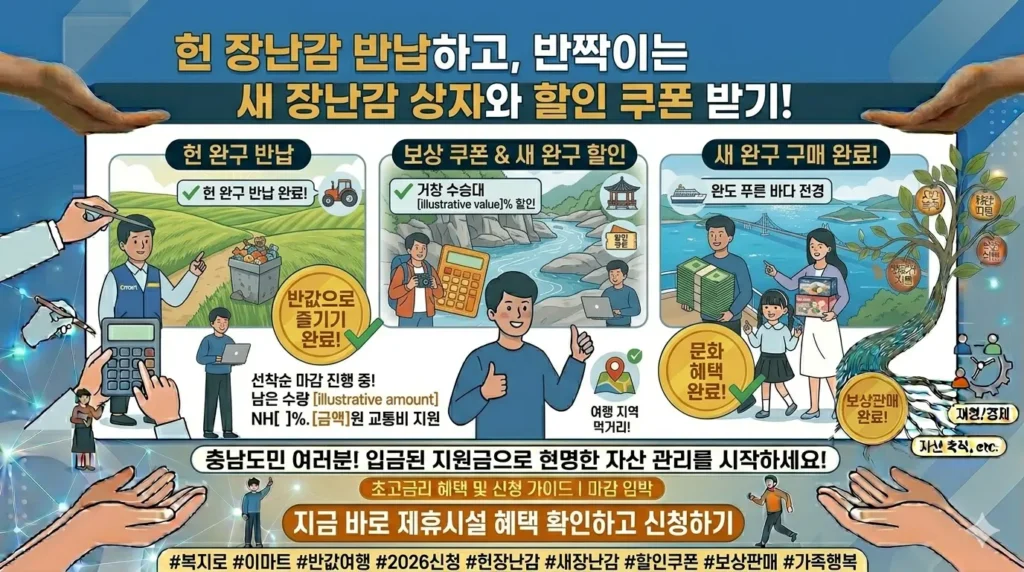 오래된 장난감 더미 옆에 놓인 반짝이는 새 장난감 상자와 할인 쿠폰