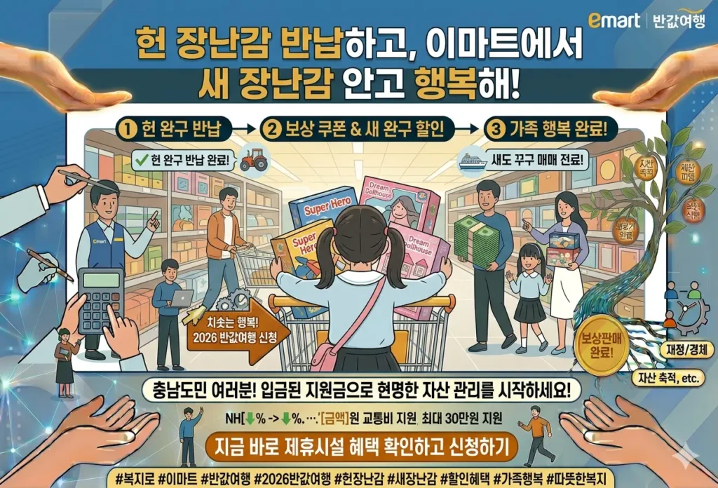 이마트 쇼핑 카트에서 새로 산 장난감을 안고 행복해하는 아이의 뒷모습