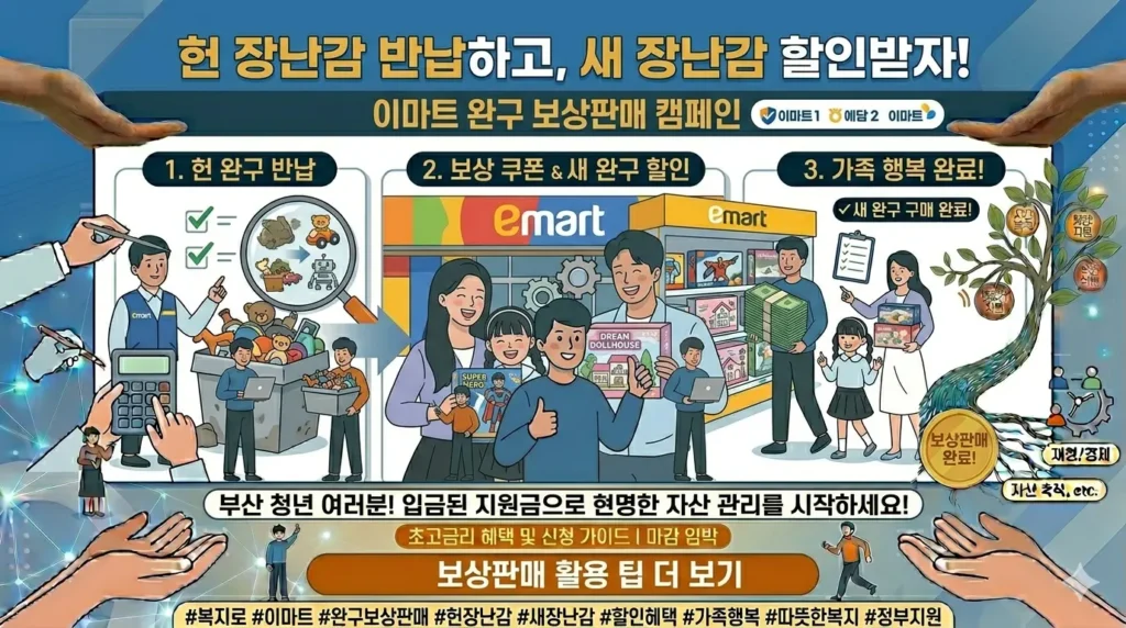 이마트 장난감 보상판매 이벤트 현수막 앞에서 환하게 웃는 어린이와 부모님