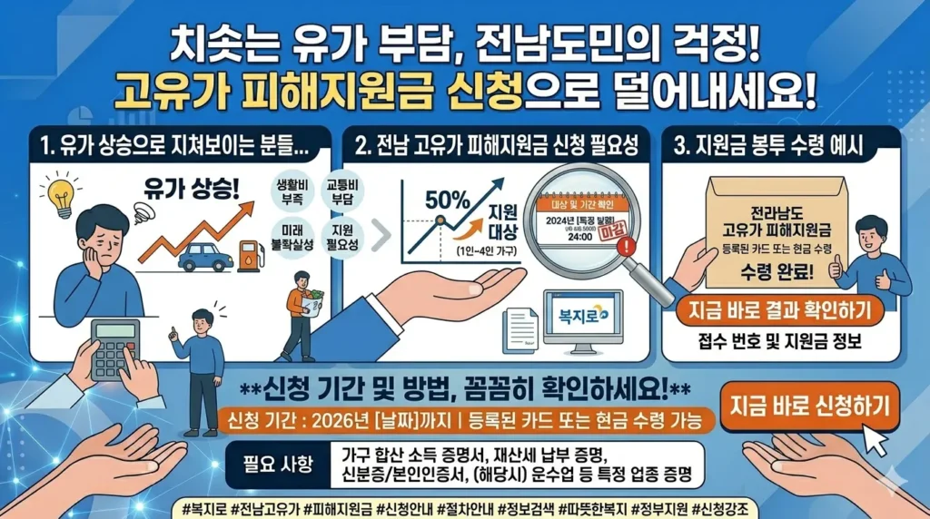 전남 고유가 피해지원금 신청 안내 이미지. 유가 상승으로 지쳐보이는 사람과 지원금 봉투