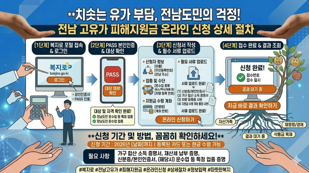 전남 고유가 피해지원금 온라인 신청 과정 스크린샷. 단계별 안내 및 신청 버튼 하이라이트