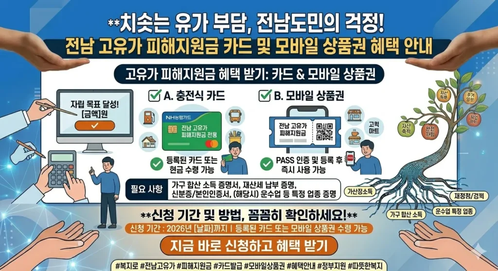 전남 고유가 피해지원금 카드 또는 모바일 상품권 이미지. 지금 바로 신청하여 혜택 받으세요