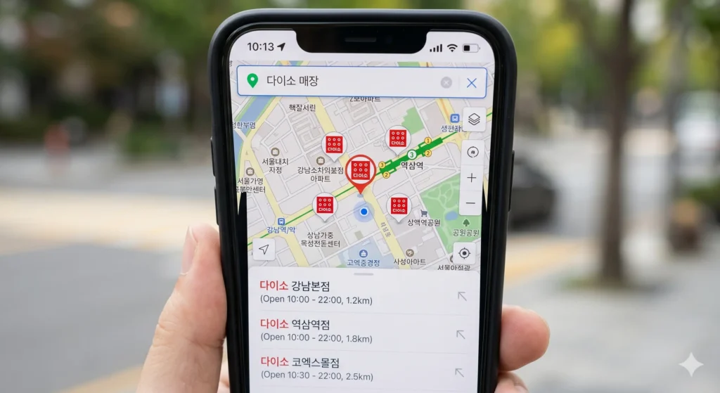 지도 앱에서 다이소 매장을 검색하는 화면