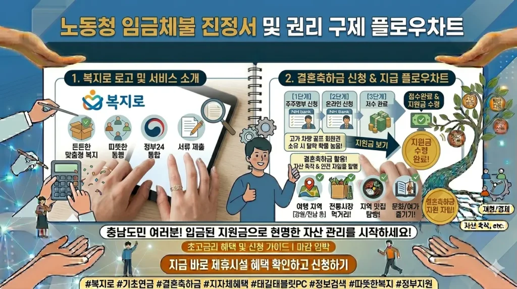 지자체별 결혼축하금 혜택을 비교하며 태블릿 PC를 보고 있는 신혼부부의 손.