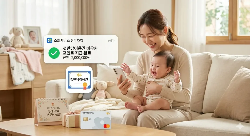 첫만남이용권 지원을 받고 기뻐하는 엄마와 아이의 모습