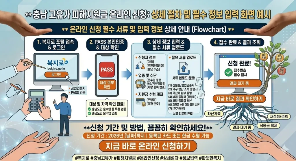충남 고유가 피해지원금 온라인 신청 서류 및 필수 정보 입력 화면 예시