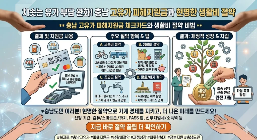 충남 고유가 피해지원금 지급받은 체크카드와 함께 생활비 절약하는 모습