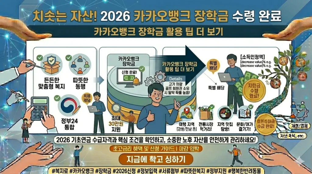 카카오뱅크 장학금 로고와 함께 밝게 웃는 대학생들이 학사모를 던지는 이미지.