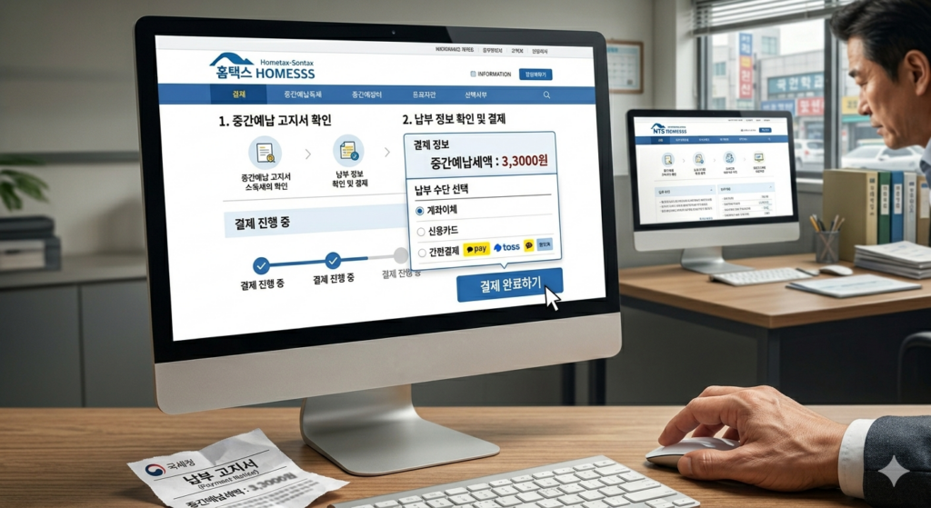 홈택스 또는 손택스를 이용해 종합소득세 중간예납을 온라인으로 납부하는 과정을 보여주는 화면