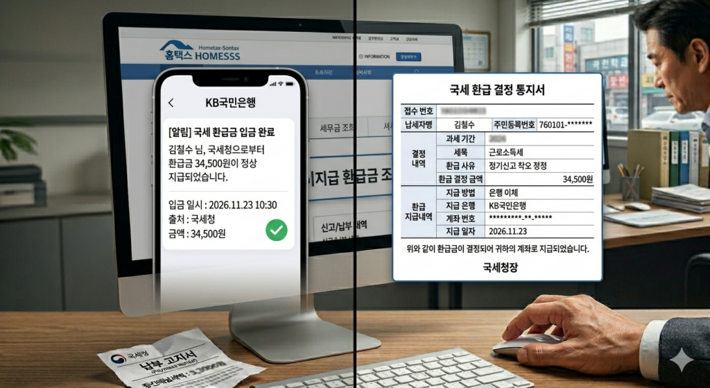 종합소득세 환급금 지급이 완료되었음을 알리는 모바일 뱅킹 앱 알림 또는 국세청 홈택스 환급 결정 통지 화면. 2024년 7월 초에 환급금이 정상 입금되었음을 보여준다.