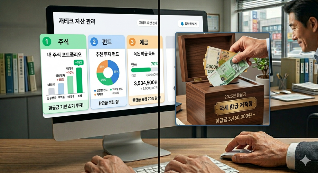 종합소득세 환급금을 활용하여 재테크를 시작하는 모습. 스마트폰으로 주식 투자 앱이나 은행 예금 상품을 확인하고 있으며, 미래를 위한 현명한 재정 관리를 상징한다.