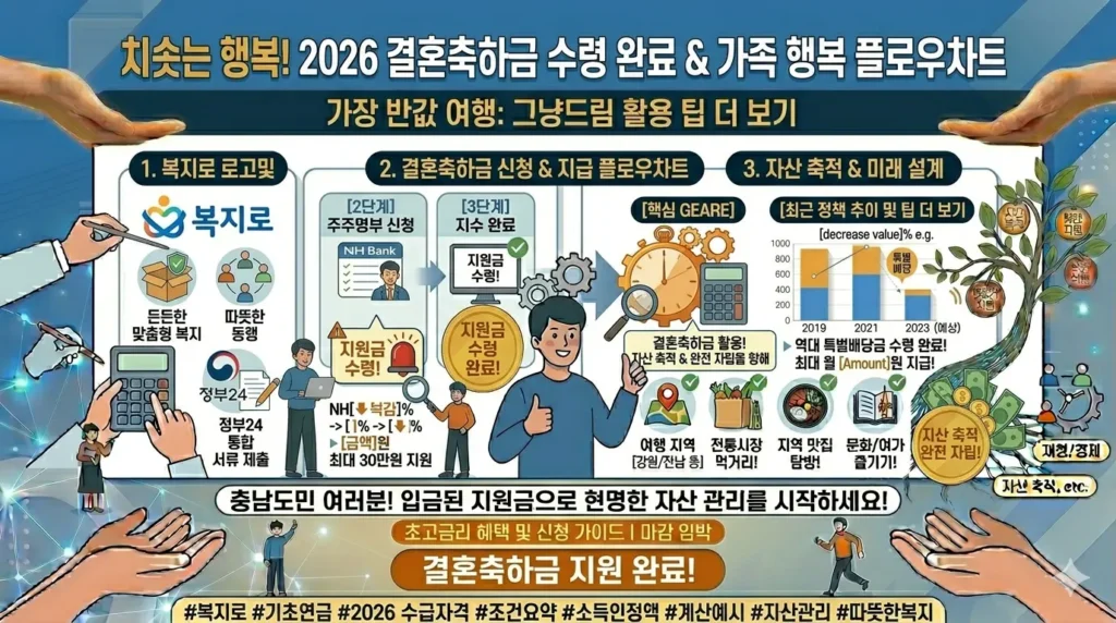 활짝 웃으며 손잡은 신혼부부가 행복하게 걸어가는 모습. 2026 결혼축하금 혜택을 받아