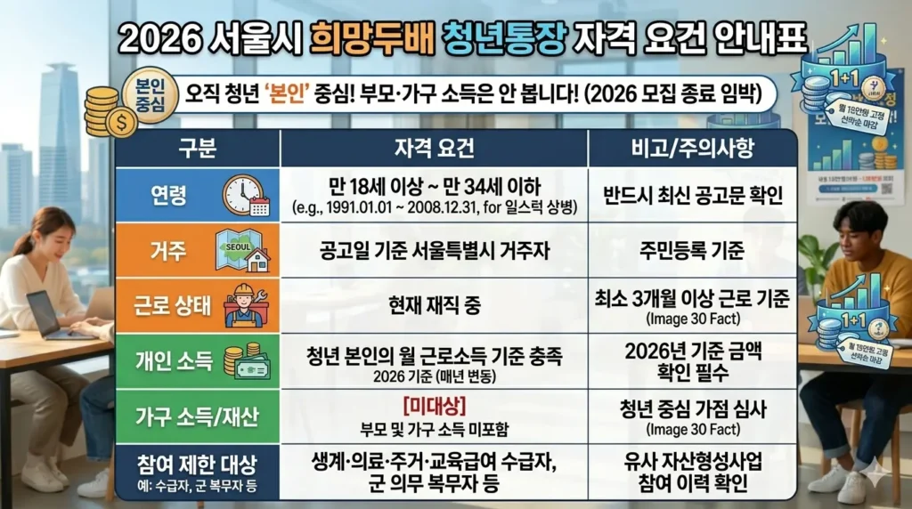 서울시 희망두배 청년통장 자격 요건 안내표