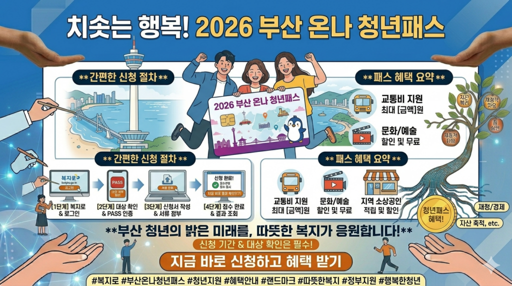 2026 부산 온나 청년패스 소개 이미지, 젊은이들이 부산의 랜드마크 앞에서 활짝 웃으며 
  패스를 들고 있는 모습. 부산 타워, 해운대 배경