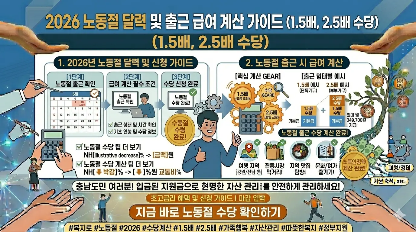 2026년 노동절 달력과 1.5배, 2.5배 수당을 표시하는 계산기 이미지.