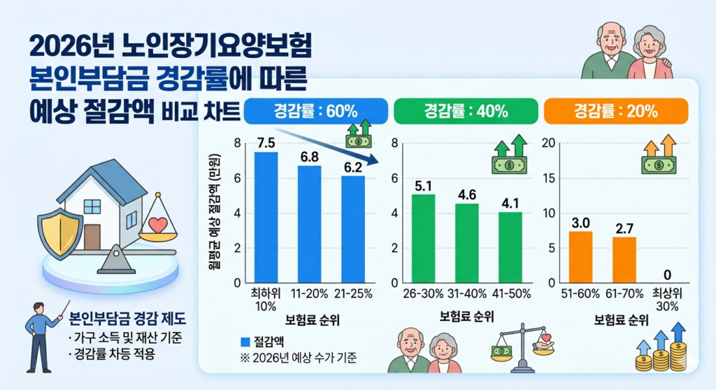 2026년 노인장기요양보험 본인부담금 경감률에 따른 예상 절감액 비교 차트