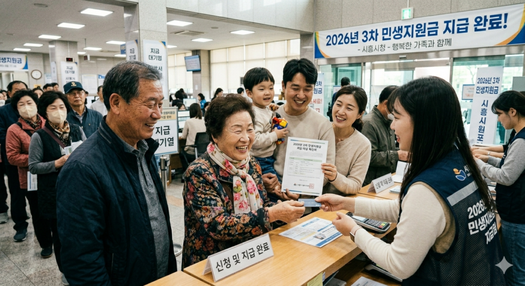 3차 민생지원금 대상 확인 서류, 행복한 가족이 지원금을 받는 모습