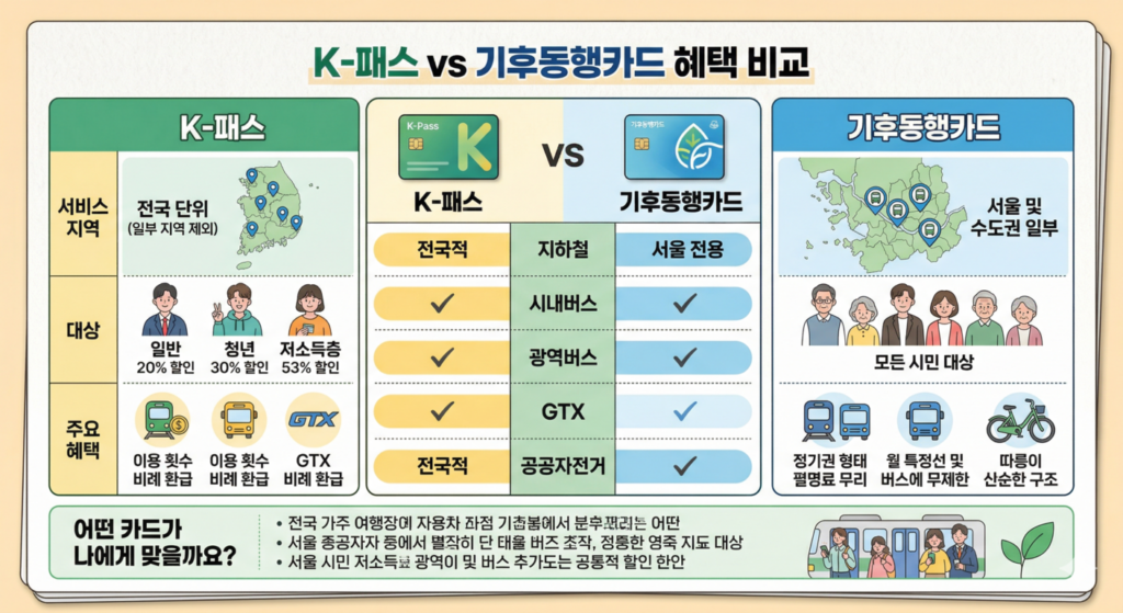 K-패스와 기후동행카드의 혜택 범위를 지역별, 대상별로 정리한 비교표 이미지