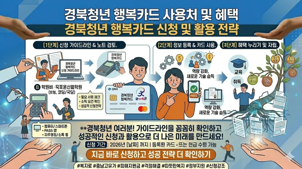 경북청년 행복카드 신청 가이드라인과 노트를 보며 계획을 세우는 청년.
   성공적인 신청과 활용을 위한 전략을 암시