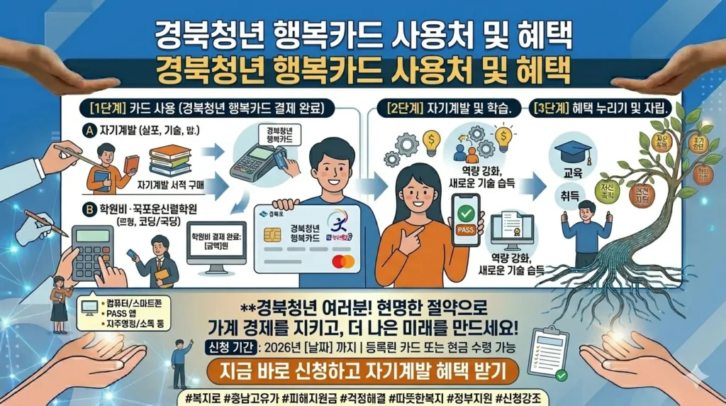 경북청년 행복카드로 책을 구매하거나 학원비를 결제하는 청년의 모습. 
   자기계발과 학습을 상징