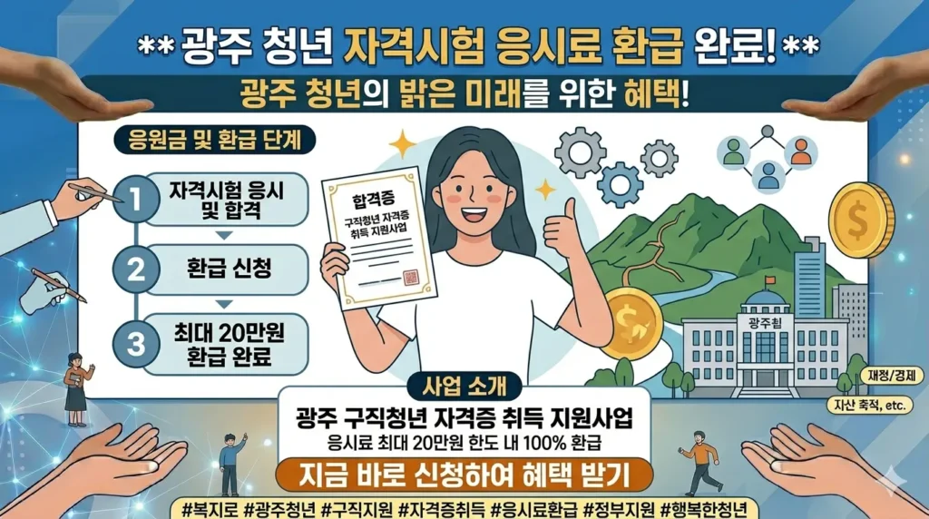 광주 청년 자격시험 응시료 환급, 합격증과 함께 환하게 웃는 
청년의 모습( 광주 구직청년 자격증 취득 지원사업)