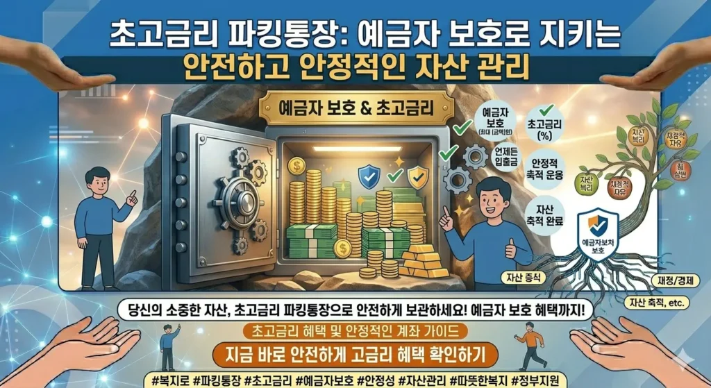 돈이 안전하게 보관된 금고 이미지, 예금자 보호되는 초고금리
파킹통장의 안정성과 안정적인 자산 관리를 상징합니다.