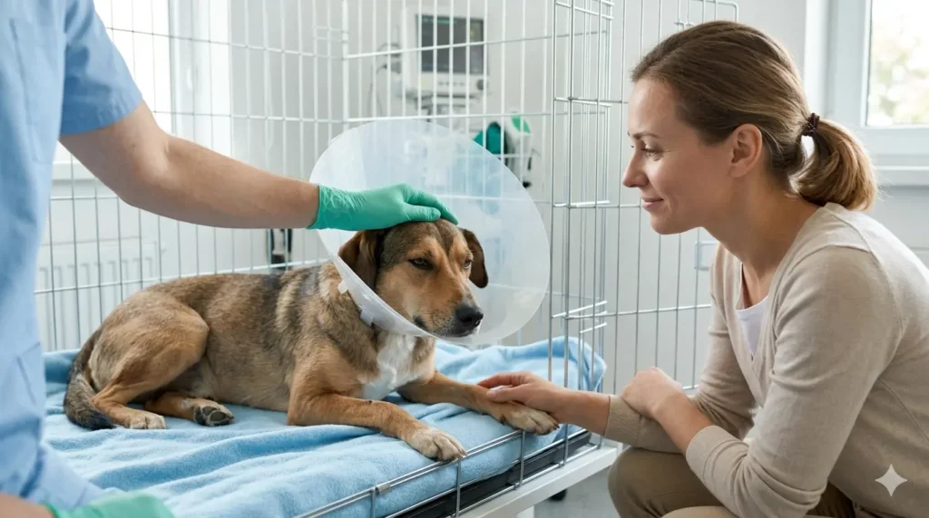 동물병원에서 중성화 수술 후 회복 중인 반려견의 모습, 수의사가 부드럽게 쓰다듬는 손, 
안심하는 보호자의 표정