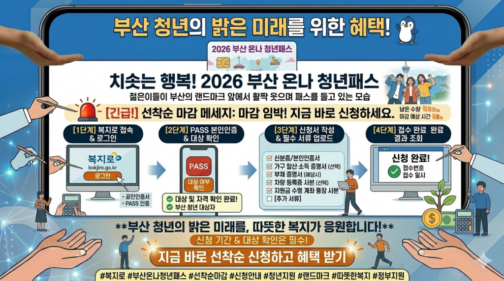 부산 온나 청년패스 온라인 신청 웹사이트 첫 화면 캡처. 신청하기 버튼이 명확히 보이는 
   모바일 인터페이스. 선착순 마감 메세지 강조