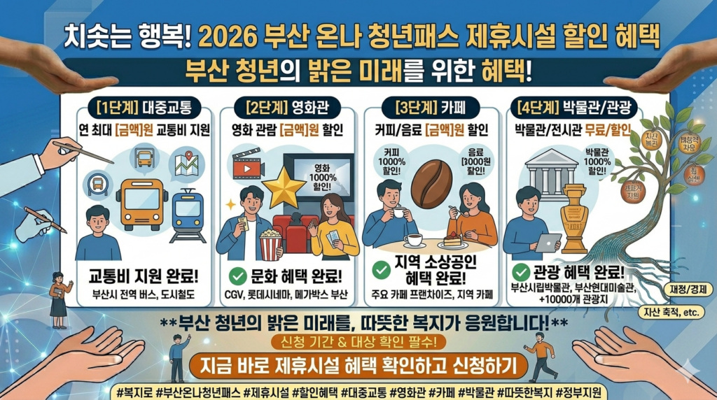 부산 온나 청년패스 제휴시설 할인 혜택을 보여주는 콜라주 이미지. 대중교통, 영화관
   카페, 박물관 로고와 할인율이 시각적으로 배치된 모습. 부산 청년들이 혜택을 누리는
   일러스트