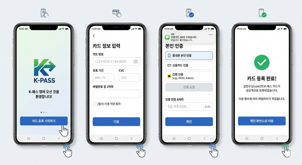 스마트폰 화면에서 K-패스 공식 앱을 통해 카드를 등록하고 본인 인증을 완료하는 단계별 캡처 이미지