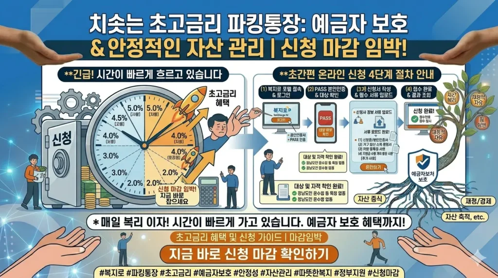 시간이 빠르게 흐르는 시계와 손으로 잡으려는 모습,
초고금리 파킹통장 신청 마감이 임박했으니 지금 바로 행동하라는 긴급성
을 나타냅니다.