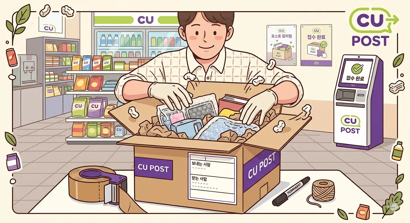 cu편의점 택배예약 안전한 택배 포장 방법을 보여주는 일러스트