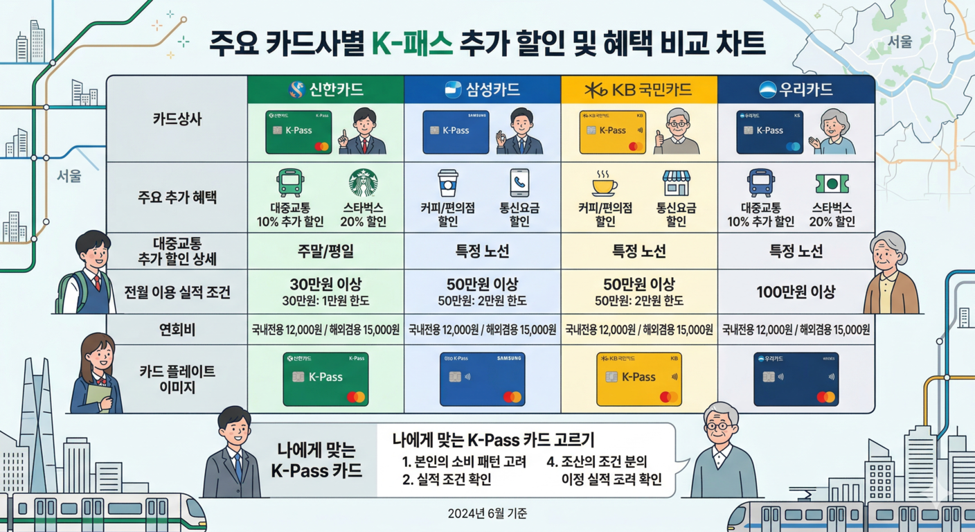 신한, 삼성, 국민 등 주요 카드사의 K-패스 추가 할인 혜택과 전월 실적 조건을 비교한 차트