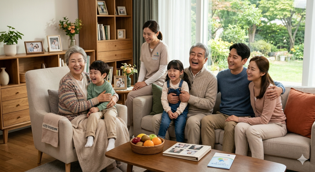 행복하게 미소짓는 어르신과 가족: 노인장기요양보험 혜택으로 편안한 노후를 보내는 모습